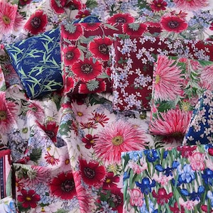 Bright Pink Blue Red Chrysanthemum Floral Cotton Fabric -1/2 yard