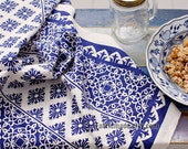 Upholstery Cotton Linen Fabric- Chinese Blue and White Porcelain Flower On Natural White- one panel