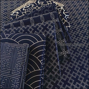 Vintage Style Navy Blue Geometric Cotton Wave Maze Asian Geometric Fabric  - 1/2 yard