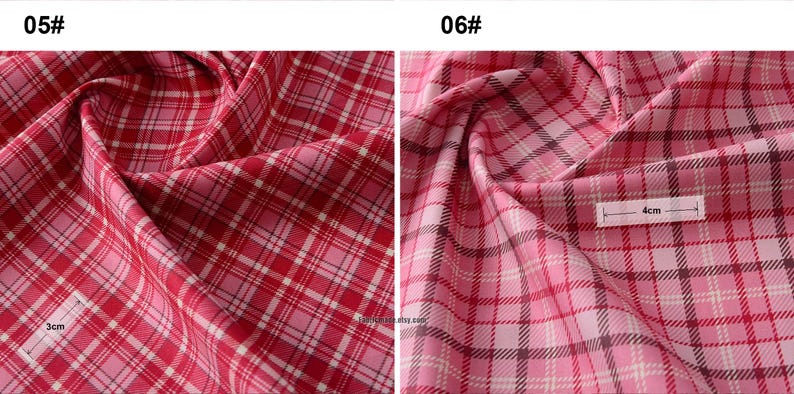 May include: Two swatches of pink and red plaid fabric. The fabric on the left has a 3 cm grid pattern. The fabric on the right has a 4 cm grid pattern.