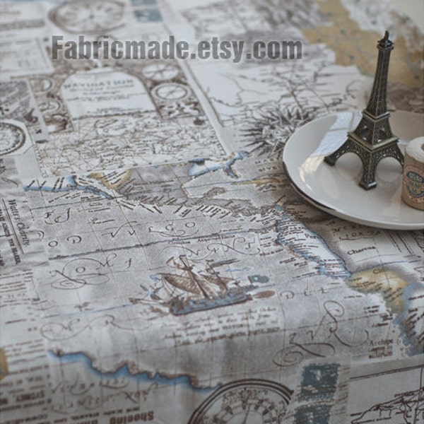 Vintage Linen Cotton Fabric Vintage Brown Map Voyage Sailing Boat Compass Clock Ocean Collection  - A Half Yard