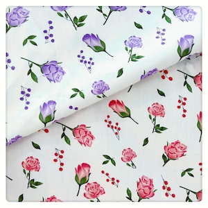 Red Purple Rose Flower Cotton Fabric Twill Floral Cotton - 1/2 yard