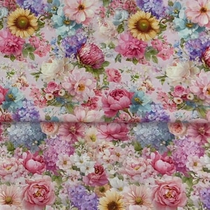Shabby Chic Pink Roses Hibiscus Flower Sunflower Cotton Fabric - 1/2 Yard