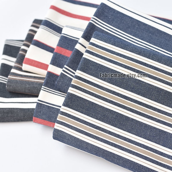 Stripes Cotton Fabric, Yarn Dye Grey Gray Navy Red White Stripes Fabric For Clothing - 1/2 yard