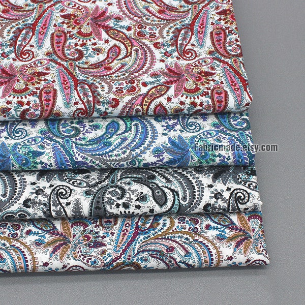 tissu de coton Paisley vintage, coton floral rouge bleu violet gris Paisley - 1/2 yard