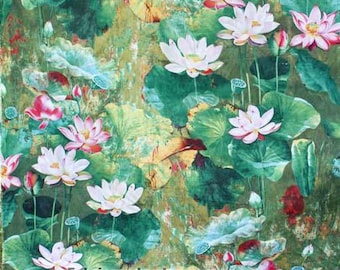 Water Lily Floral Cotton Linen Fabric, Water Painting Style, Large Lotus Fabric for Large Bag- 1/2 yard