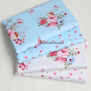 Cottage Peony Rose Floral Cotton Fabric, Light Blue Ivory Cream Cotton Fabric With Shabby Chic Rose Flower- 1/2yard
