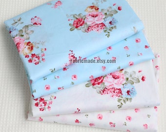 Cottage Peony Rose Floral Cotton Fabric, Light Blue Ivory Cream Cotton Fabric With Shabby Chic Rose Flower- 1/2yard