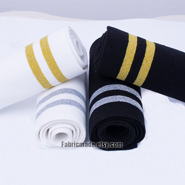 1*1 Black White Gold Silver Stripes Ribbing- 15cm x 85cm Ribbing and Binding Knit Fabric For Neckline, Cuffs, Hems