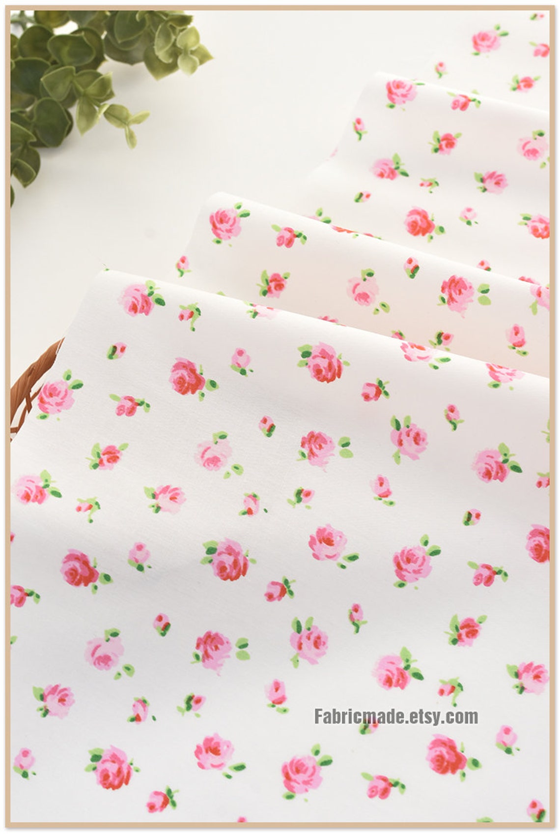 LIttle Pink Rose Flower Fabric White Cotton Fabric With Etsy