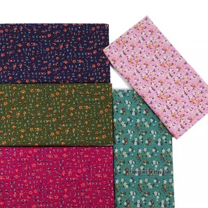 Tiny Floral Cotton Linen Fabric, Vintage Style in Pink Navy Blue Green for Clothes Dress Bag- 1/2 yard