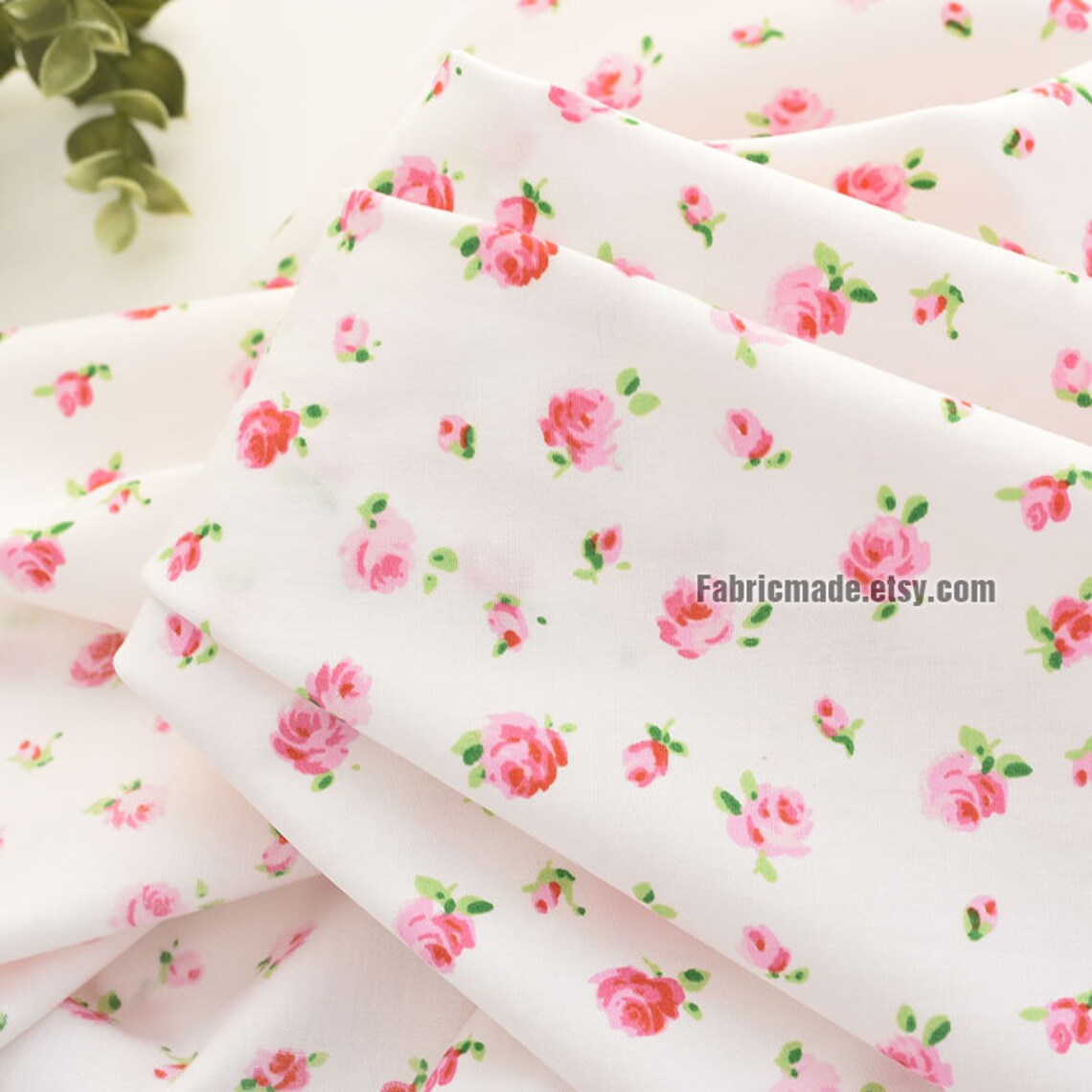 LIttle Pink Rose Flower Fabric White Cotton Fabric With Etsy