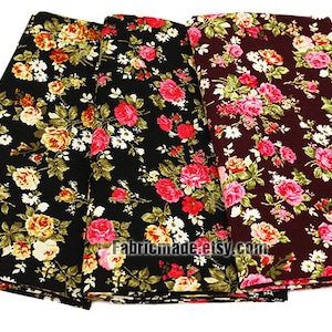 Rose Floral Corduroy Cotton Fabric, Pink Yellow Flower On Brown Black Cotton 1/2 yard image 1