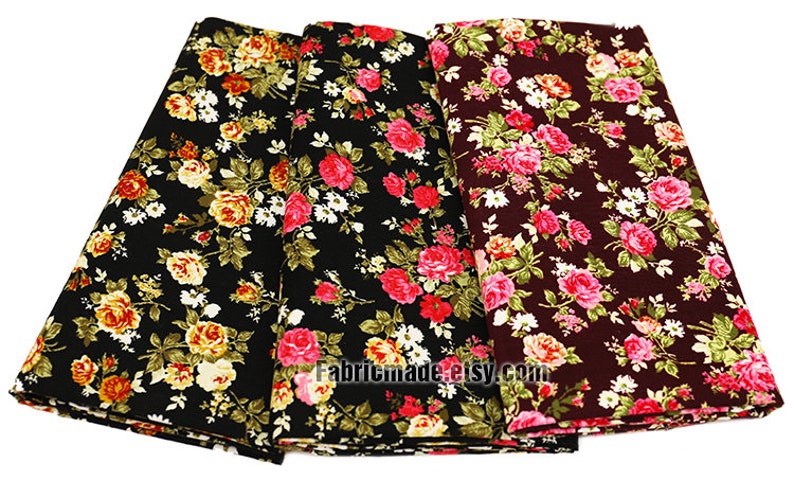 Rose Floral Corduroy Cotton Fabric, Pink Yellow Flower On Brown Black Cotton 1/2 yard image 1