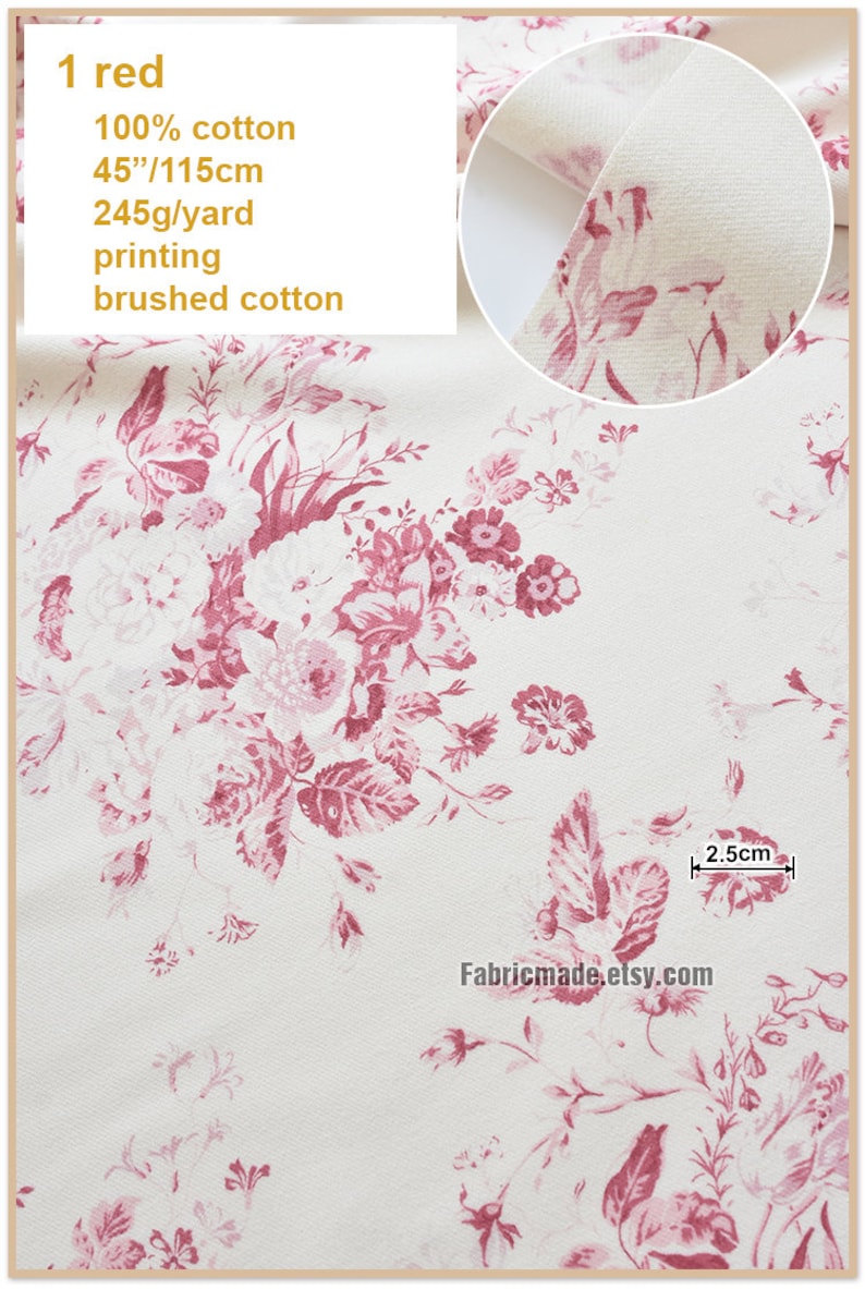 Puede incluir: Tela de algod&oacute;n cepillado estampado con flores rojas. La tela es 100% algod&oacute;n y mide 45 pulgadas por 115 cent&iacute;metros. La tela pesa 245 gramos por yarda.