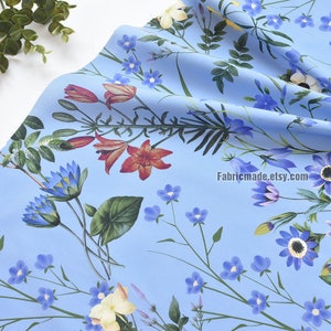 Blue Lotus Water Lily Floral Cotton Fabric- 1/2 yard