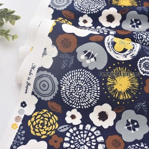 Retro Navy Blue Floral Cotton Fabric White Gray Yellow Flower On Dark Blue Cotton- 1/2 Yard