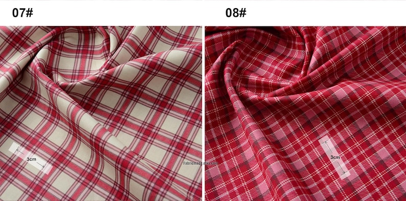 May include: Two fabric swatches with red and white plaid patterns. The swatches are 3 inches wide. The fabric on the left has a cream background, while the fabric on the right has a pink background.