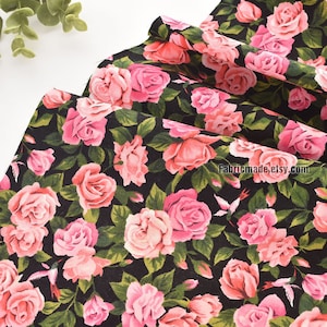 Twill Cotton Pink Roses Rose Bouquet Floral Cotton Fabric Shabby Chic- 1/2 yard