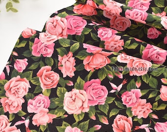 Twill Cotton Pink Roses Rose Bouquet Floral Cotton Fabric Shabby Chic- 1/2 yard