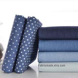 Pre Washed Denim Cotton Fabric/ Summer Light Weight Denim Fabric/ Denim Blue Jeans Stars Polka Dots fabric- 1/2 yard