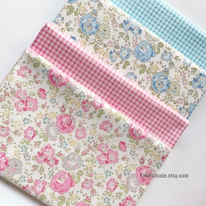 Rose Cotton Fabric Pink Blue Rose Plaid Shabby Chic Fabric Cotton- 1/2 yard