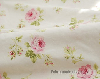 Large Rose Cotton Fabric Pink Rose Dots on Off White Background Shabby Chic Fabric Large Flower Cotton- 1/2 yard