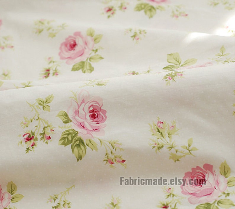 Large Rose Cotton Fabric Pink Rose Dots On Off White Etsy
