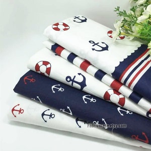 Anchor Cotton Fabric, Nautical Marine Style Red Navy Blue Plaid Anchor Sail Boat Cotton - 1/2 yard