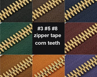 16 colores No. 3 5 8 Cinta de cremallera DIY bidireccional de metal de lujo cortada a medida - Accesorios de cremallera de dientes dorados- Una yarda