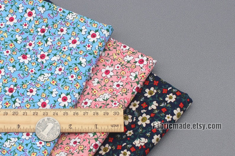 Little White Flower Cotton Fabric In Pink Navy Blue Yellow | Etsy