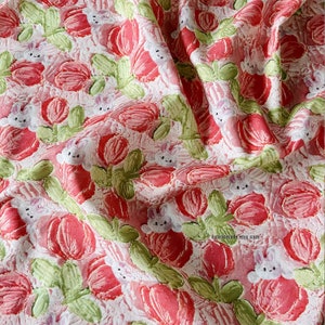 One Yard - Tessuto di cotone shabby con fiori di tulipano rosso e coniglietto - Tessuto tagliato su misura