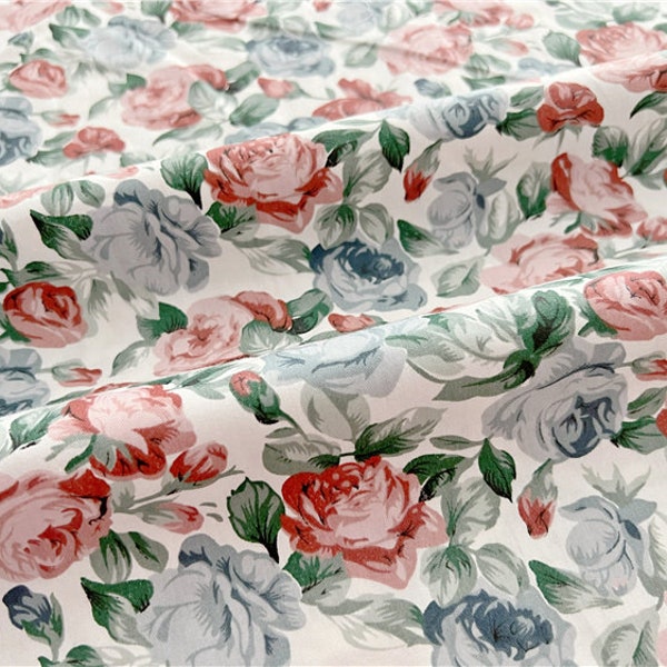 Shabby Chic Fabric Red Blue Rose Flower Cotton Fabric - 1/2 Yard
