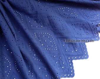 Navy Blue Embroidery Cotton Lace Fabric Eyelet Diamond Geometric Scallop Borders - 1/2 yard