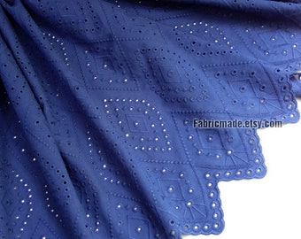 Navy Blau Stickerei Baumwolle Spitze Stoff Öse Diamant Geometrische Jakobsmuschel Borders - 1/2 Yard