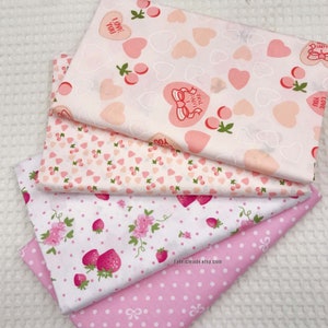 Strawberry Cotton Fabric, Red Pink Strawberry Floral Bowknot Polka Dots  Hearts Cotton- 1/2 Yard