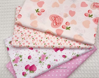 Strawberry Cotton Fabric, Red Pink Strawberry Floral Bowknot Polka Dots  Hearts Cotton- 1/2 Yard