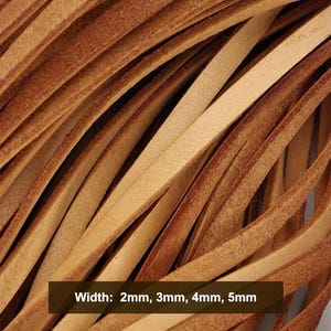 May include: A collection of tan leather strips arranged in a parallel bundle. The strips feature a natural grain texture and varying shades of light brown. A dark rectangular overlay displays the text: Width: 2mm, 3mm, 4mm, 5mm.