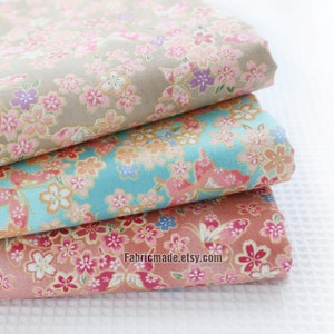 Fabric, Pink Cherry Blossom Flower Khaki Brick Red Aqua Blue With Bronzing Cotton - 1/2 yard