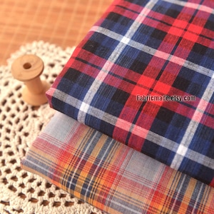 Light Plaid Linen Blend Fabric, Yarn Dye Tartan Check Navy Red Grey Plaid Fabric