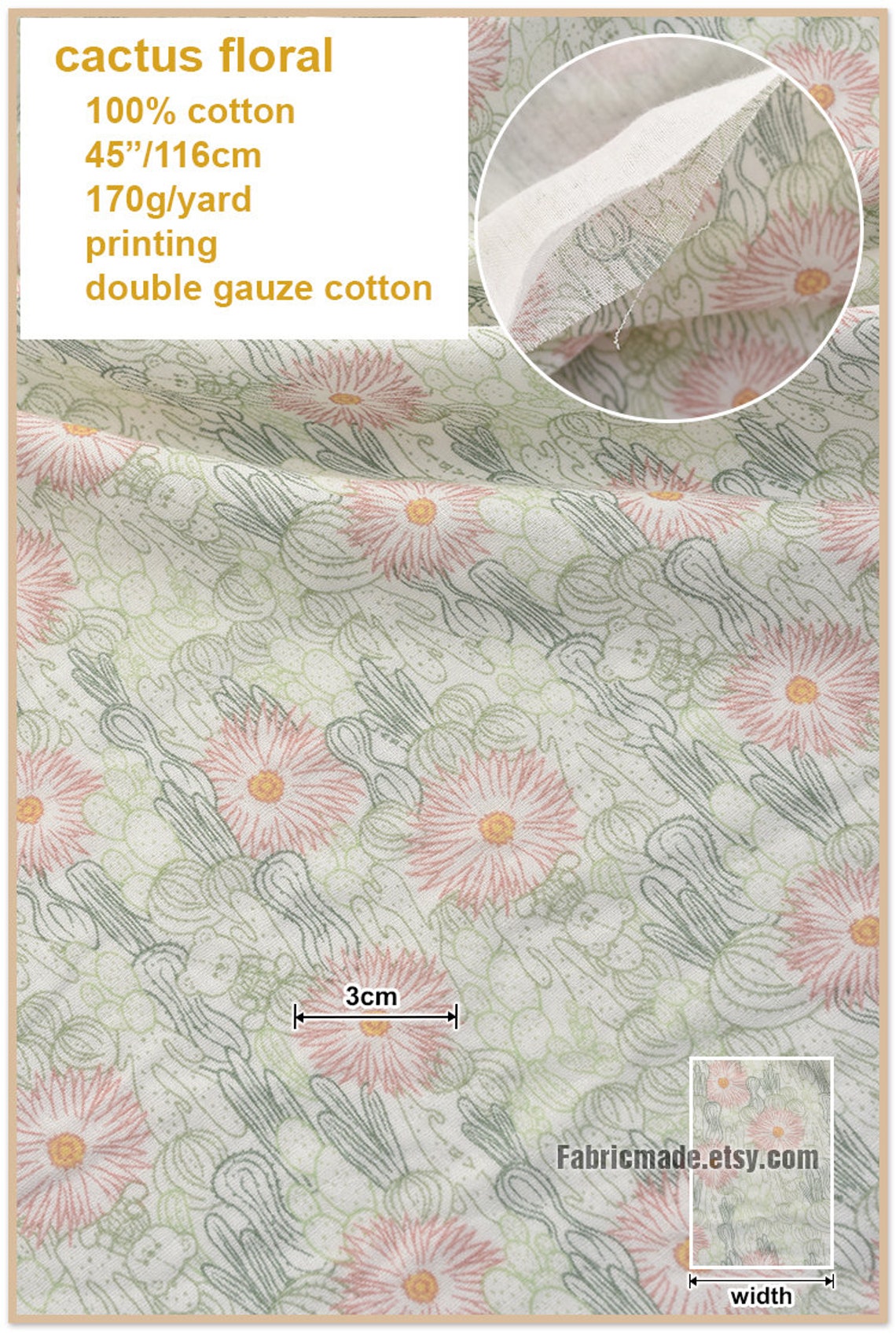 Floral Gauze Cotton Gauze Fabric Cactus Flower Double Gauze Etsy