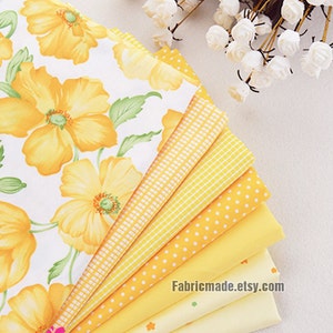 Bright Yellow Cotton Fabric, Yellow Flower Plaid Stripes Polka Dots Solid Cotton- 1/2 Yard