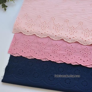 Navy Blue Pink Embroidery Cotton Lace Fabric Eyelet Scallop Borders - 1/2 yard