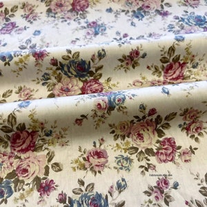 Vintage Rose Cotton Fabric With Shabby Chic Pink Rose Flower On Cream Green Cotton 1/2 yard image 4