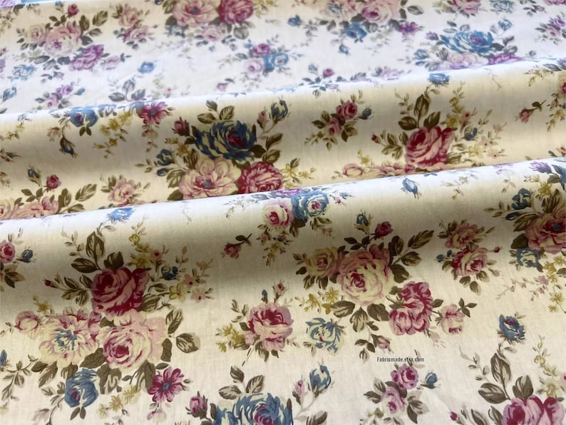 Vintage Rose Cotton Fabric With Shabby Chic Pink Rose Flower On Cream Green Cotton 1/2 yard image 4