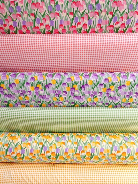 Pink Yellow Purple Tulip Floral Quilting Cotton Fabric- 1/2 yard