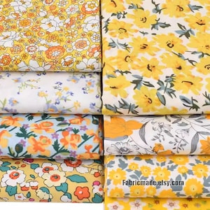 Yellow Floral Cotton Fabric White Yellow Flower Cotton- 1/2 Yard