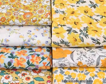Yellow Floral Cotton Fabric – Lightweight Print, Half Yard