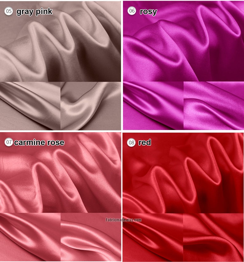 May include: Four swatches of satin fabric in different shades of pink and red. The swatches are labeled with numbers and color names: 05 gray pink, 06 rosy, 07 carmine rose, and 08 red.