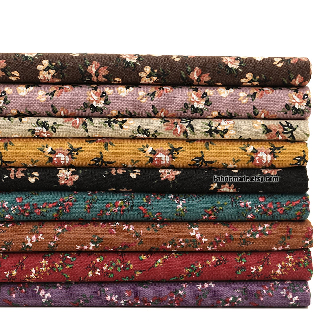 Floral Linen Fabric Vintage Blue Yellow Red Flower Linen Fabric - 1/2 yard